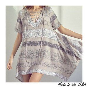 Lace Up V-Neck Shark Bite Hem Tunic